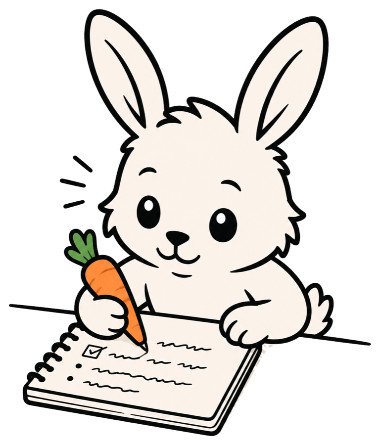 Margo the rabbit writing with an oversized pencil